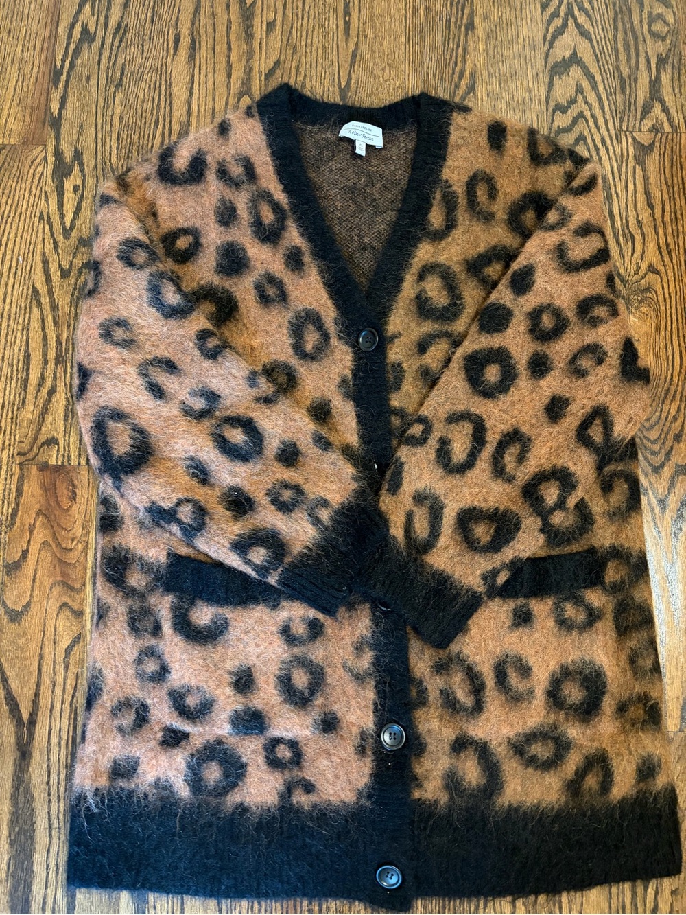 $ Other Stories Leopard Print Fuzzy Cardigan in wool-mohair blend, size L.
